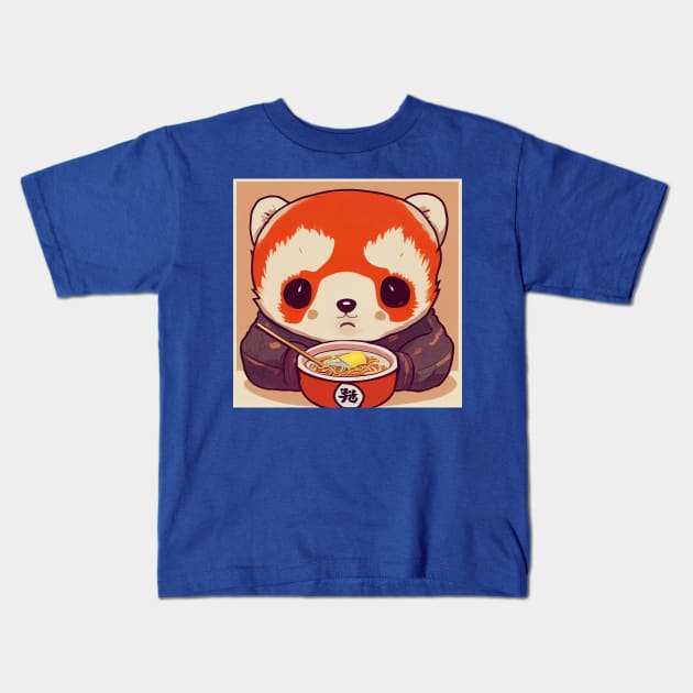 Kawaii Red Panda Eating Ramen Kids T-Shirt by Grassroots Green